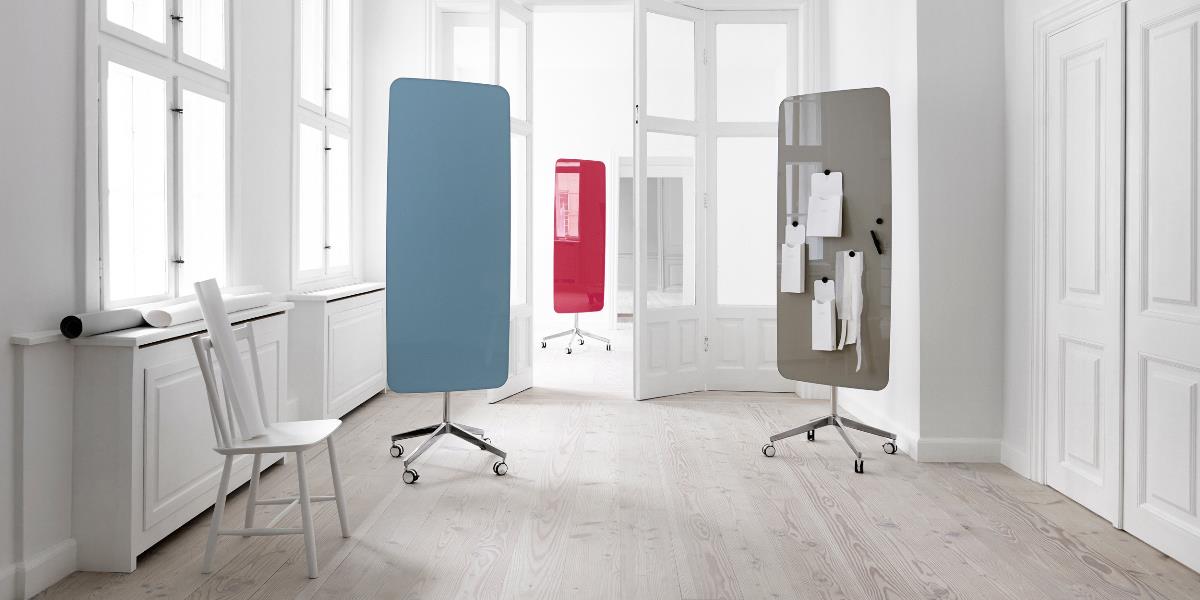 Glasskrivtavla på hjul, Lintex Flow Mobile, rundahörn, Offix