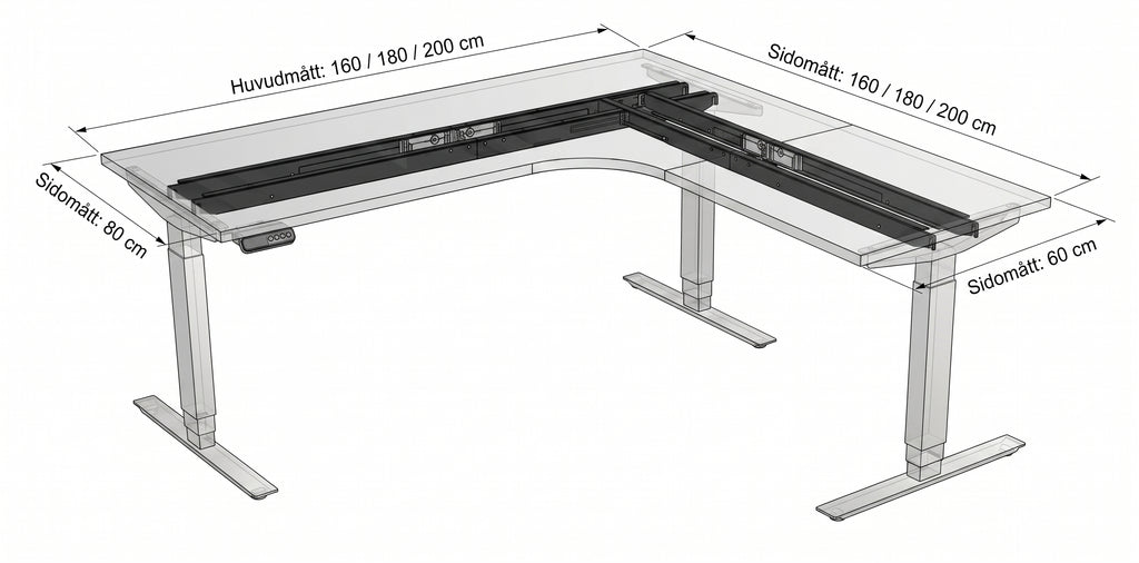Hörnskrivbord, höj- och sänkbart, 3elben vinkel, Sitt&Stå, bok, Offix