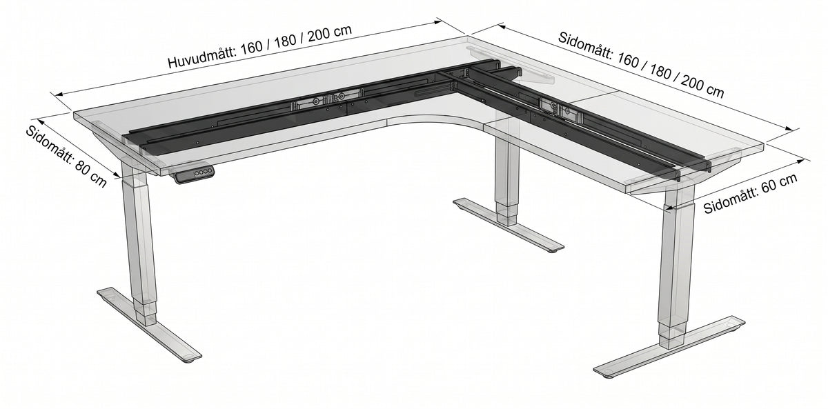 Hörnskrivbord, höj- och sänkbart, 3elben vinkel, Sitt&Stå, bok, Offix